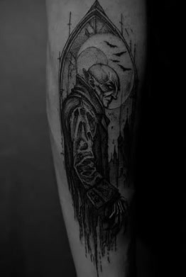 Black and grey Nosferatu gothic tattoo